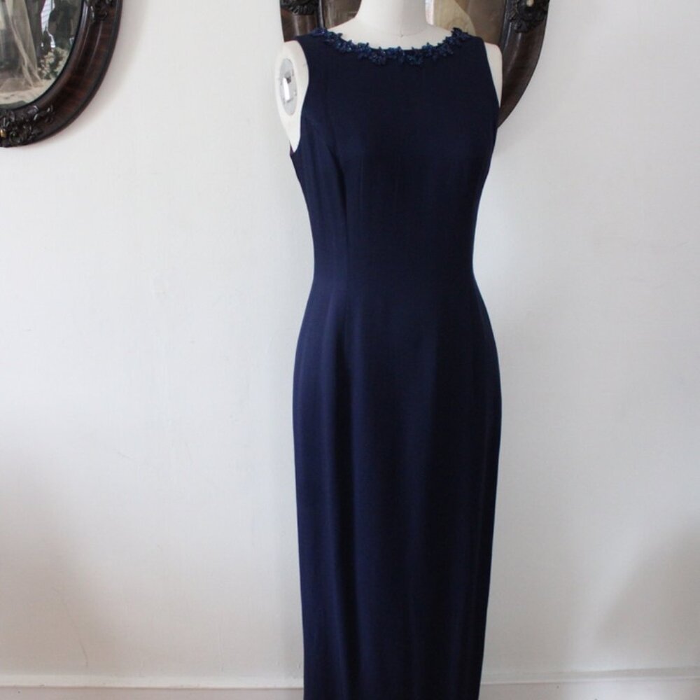 1990's Scott McClintock Navy Beaded Prom Dress Evening Gown